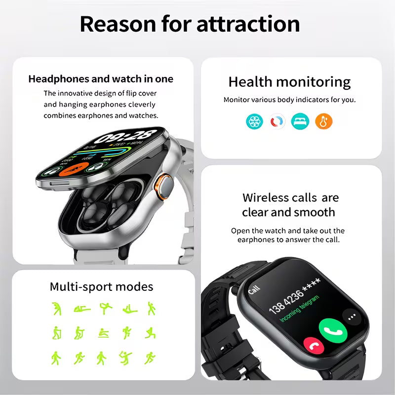 2-in-1 Smart Fitness Watch with Clip-On Wireless Earbuds | Bluetooth Calls, Music & Sports Tracker
